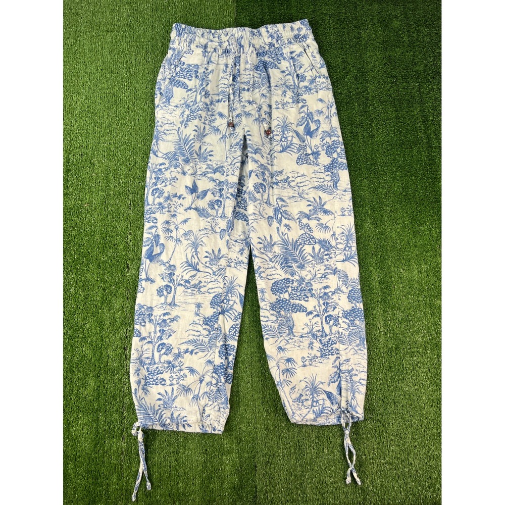 Nicole Miller New York Blue White Linen Blend Tropical Jogger Pants Womens M